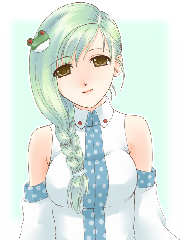 gorota, kochiya sanae, touhou, bad id, bad pixiv id, 1girl, alternate hairstyle, braid, breasts, detached sleeves, female focus, frog, green hair, hair ornament, long hair, solo, upper body, yellow eyes