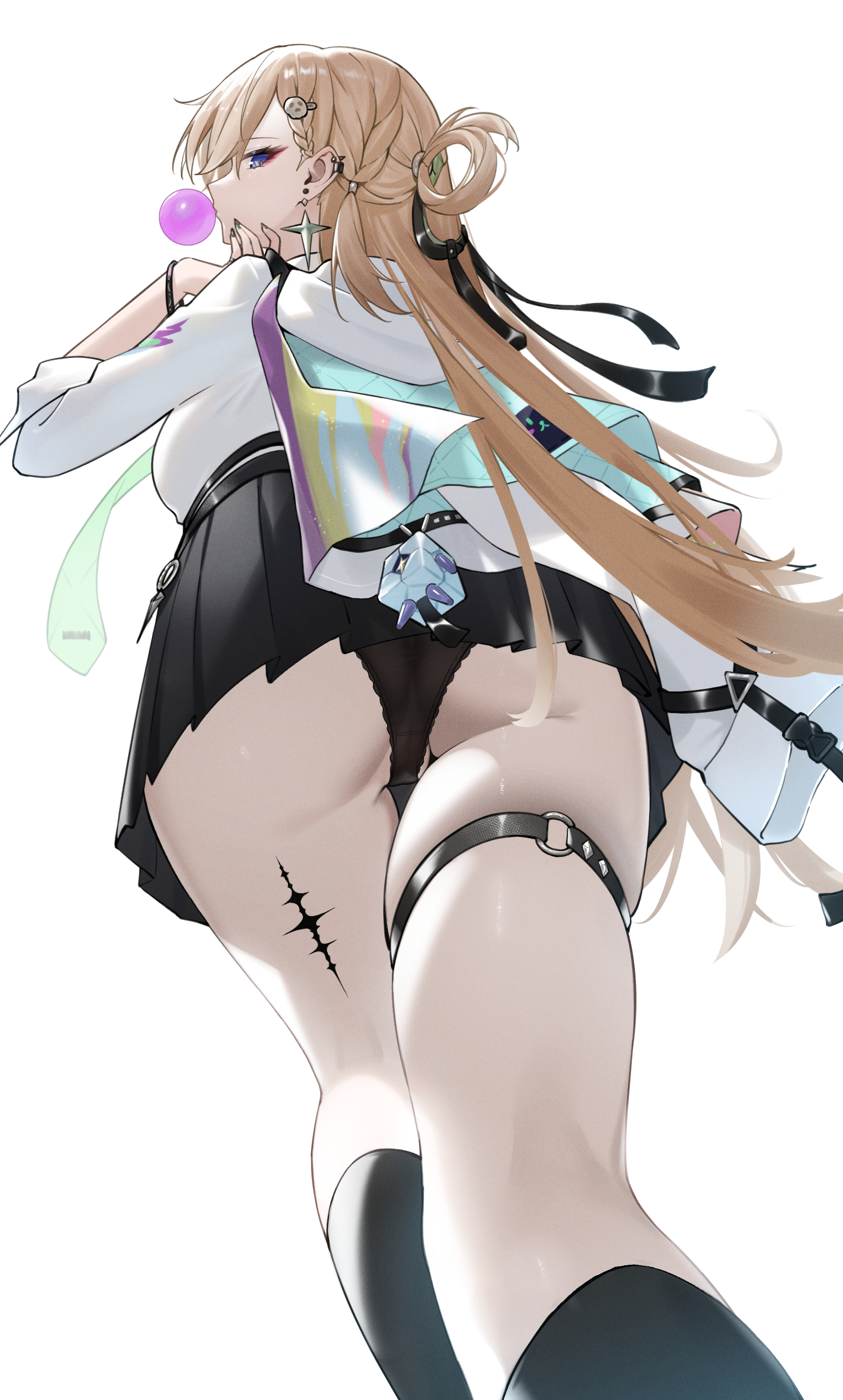 dongye1551, lynae (wuthering waves), wuthering waves, absurdres, commentary, highres, revision, 1girl, ass, black panties, black skirt, blonde hair, breasts, earrings, eyeliner, holding, holding jacket, holding unworn clothes, jacket, jewelry, large breasts, long hair, looking at viewer, looking back, makeup, panties, partially visible vulva, red eyeliner, shirt, simple background, skirt, solo, star (symbol), star earrings, tacet mark (wuthering waves), thigh strap, underwear, unworn jacket, white background, white jacket, white shirt