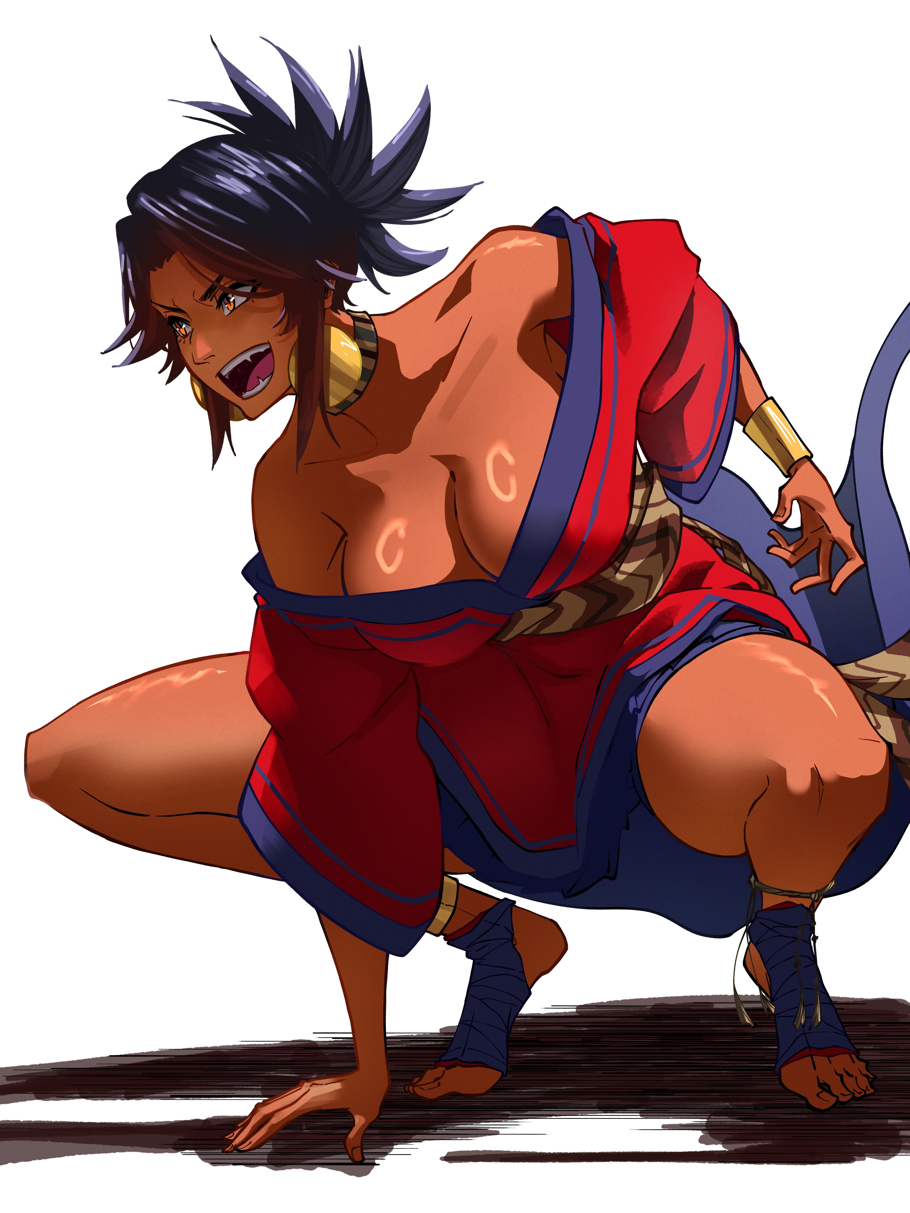 ririvart, highres, 1girl, anklet, apukunapa kutimuynin, armpit crease, armpit peek, armpits, bandaged foot, bandages, bare legs, bare shoulders, barefoot, black hair, bracelet, breasts, choker, cleavage, collarbone, dark-skinned female, dark skin, dress, earrings, feet, female focus, flowing dress, full body, gold anklet, gold bracelet, gold earrings, hand on ground, jewelry, large breasts, large earrings, nina (apukunapa kutimuynin), no bra, no pants, no shoes, off-shoulder dress, off shoulder, open clothes, orange eyes, peruvian clothes, peruvian female, pointy hair, ponytail, red dress, sash, shadow, sharp teeth, smile, solo, squatting, teeth, thick thighs, thighs, tiptoes, toes, tongue, v-shaped eyebrows, waist sash, white background, wide hips, wide sleeves