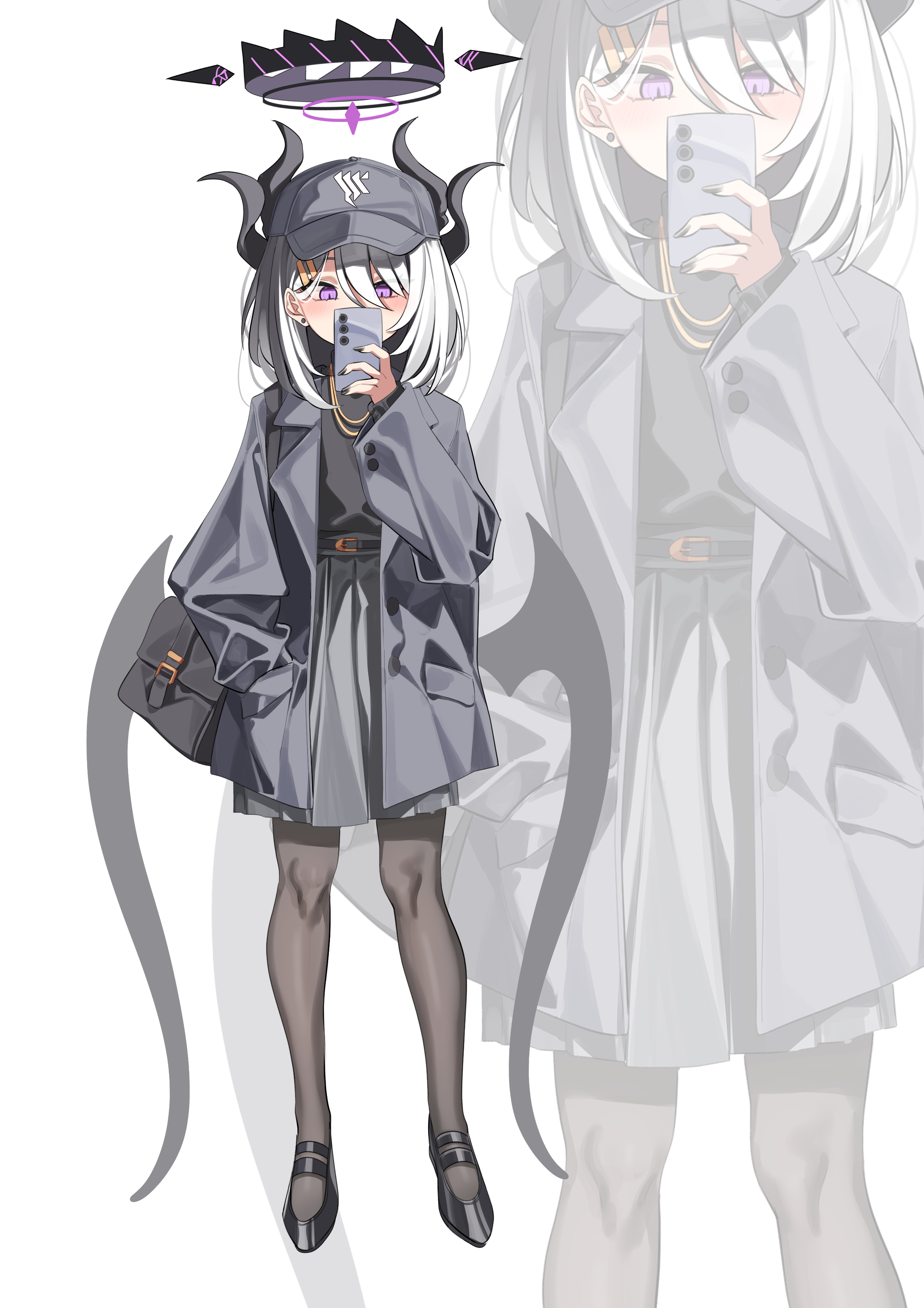 rirua (kjom802), hina (blue archive), blue archive, absurdres, commentary request, highres, korean commentary, 1girl, alternate costume, alternate hairstyle, black coat, black halo, black hat, black skirt, blush, coat, demon girl, demon horns, demon wings, full body, gehenna academy logo, halo, hat, horns, low wings, medium hair, purple eyes, skirt, solo, standing, white hair, wings