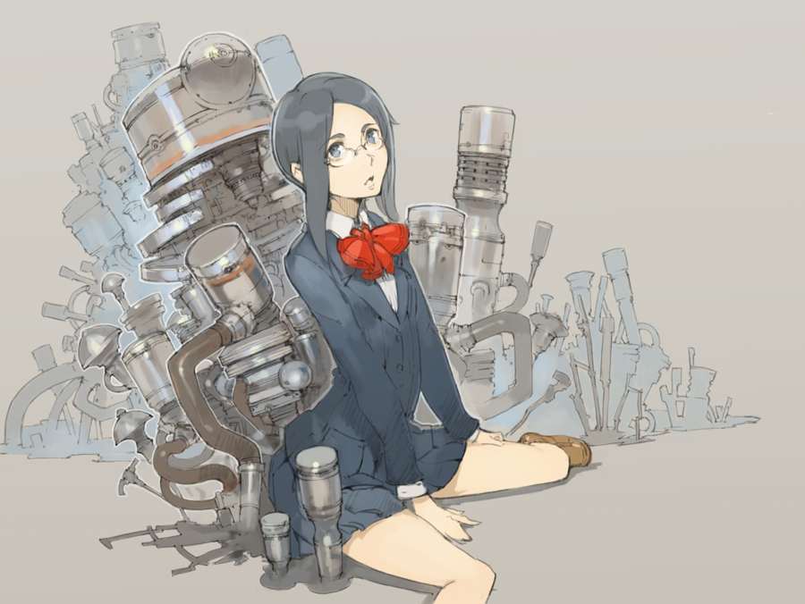 tko (artist), tko (kkk66), original, 1girl, black hair, female focus, glasses, kneeling, long hair, school uniform, skirt, solo