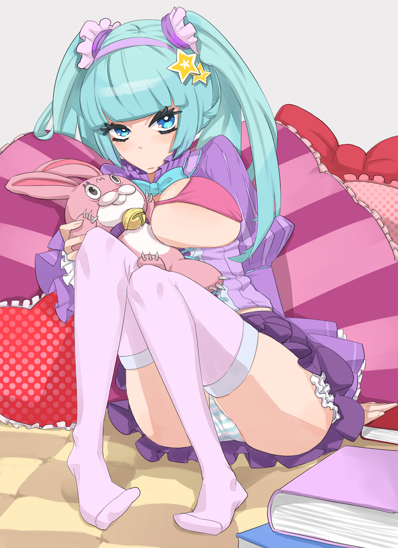 hitowa, original, 1girl, blue eyes, blue hair, breasts, cleavage, female focus, large breasts, legs, matching hair/eyes, panties, pantyshot, sitting, solo, striped clothes, striped panties, thighhighs, twintails, underwear, upskirt