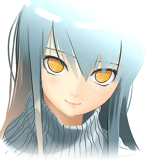 kakaon, yuki onna (nurarihyon no mago), nurarihyon no mago, bad id, bad pixiv id, 1girl, blue hair, female focus, long hair, portrait, ringed eyes, smile, solo, turtleneck, yellow eyes
