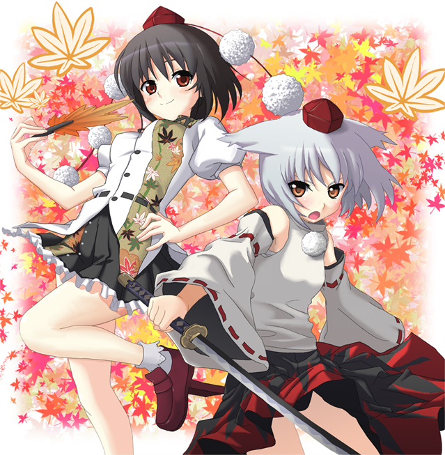 kimitoshiin, inubashiri momiji, shameimaru aya, touhou, silver hair, bad id, bad pixiv id, 2girls, animal ears, black hair, blush, bobby socks, detached sleeves, female focus, geta, hand on own hip, hat, katana, leaf, maple leaf, multiple girls, red eyes, short hair, smile, socks, sword, tengu-geta, tokin hat, weapon, wolf ears