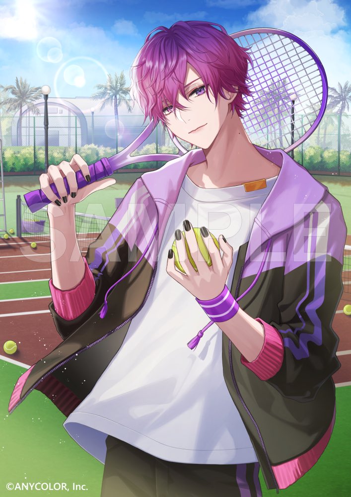 kawausoman, uki violeta, nijisanji, nijisanji en, commentary request, official art, 1boy, ball, black jacket, black nails, black pants, building, bush, chain-link fence, collarbone, copyright notice, cowboy shot, crew neck, day, drawstring, fence, hair between eyes, heterochromia, holding, holding ball, holding tennis racket, hood, hood down, hooded jacket, jacket, lens flare, light smile, long sleeves, looking at viewer, male focus, mole, mole on neck, multicolored jacket, nail polish, open clothes, open jacket, palm tree, pants, purple eyes, purple hair, purple jacket, racket, sample watermark, shirt, short hair, solo, standing, sunlight, tennis ball, tennis court, tennis racket, tree, two-tone jacket, virtual youtuber, watermark, white shirt, wristband
