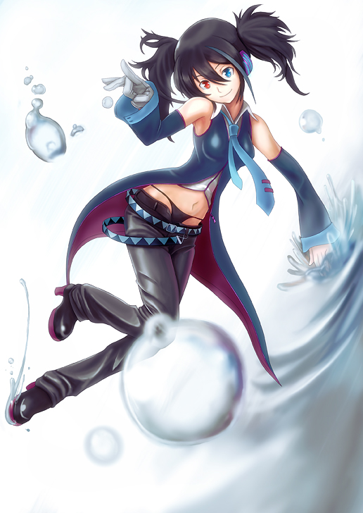 motsu rebaa, yokune ruko, utau, vocaloid, 1girl, asymmetrical clothes, black hair, blue eyes, blue necktie, detached sleeves, female focus, gloves, heterochromia, long hair, necktie, panties, red eyes, single glove, smile, solo, twintails, underwear, water