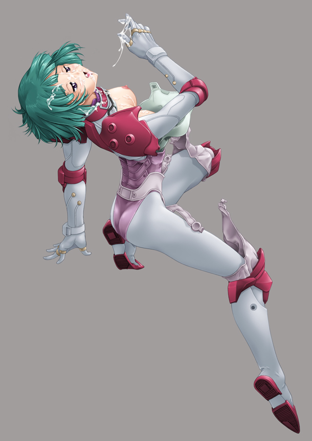 minagi tomo, miharu (gasaraki), gasaraki, 1990s (style), 1girl, ass, blunt bangs, bodysuit, breasts, cum, cum on body, cum on breasts, cum on clothes, cum on hair, cum on upper body, cum string, facial, female focus, full body, green hair, large breasts, nipples, open clothes, open mouth, purple eyes, retro artstyle, short hair, simple background, solo