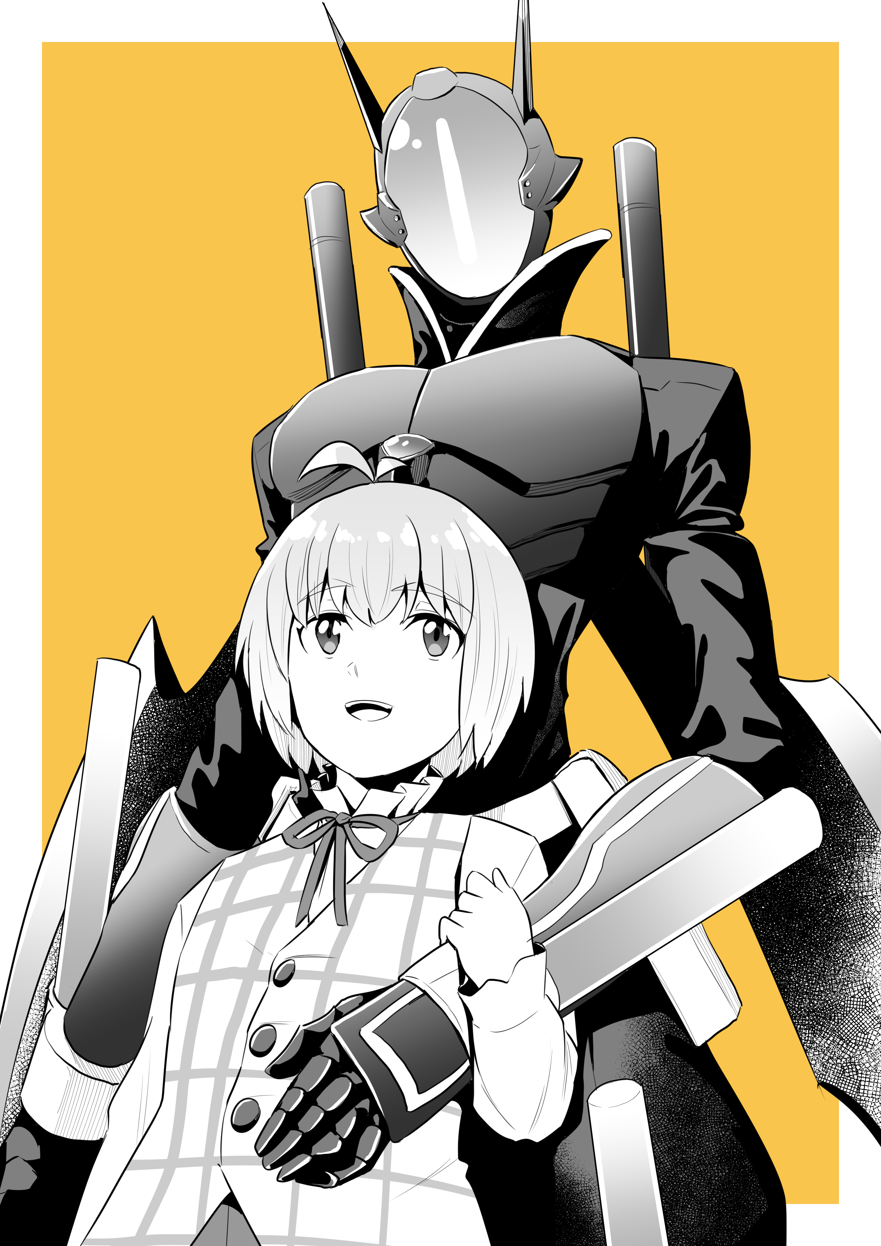 hasegawa (hase popopo), kuonji makoto, digimon, digimon beatbreak, absurdres, commentary request, highres, 2boys, antenna hair, bodysuit, border, digimon (creature), greyscale with colored background, helmet, multiple boys, nightchiropmon, shirt, short hair, upper body, vest, white border, yellow background