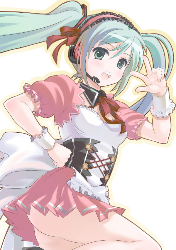 502tane, komatsu tane, asahina mikuru, hatsune miku, suzumiya haruhi no yuuutsu, vocaloid, 1girl, aqua eyes, aqua hair, asahina mikuru (cosplay), cosplay, dress, female focus, hair ribbon, hairband, headphones, headset, long hair, ribbon, short dress, solo, twintails, v