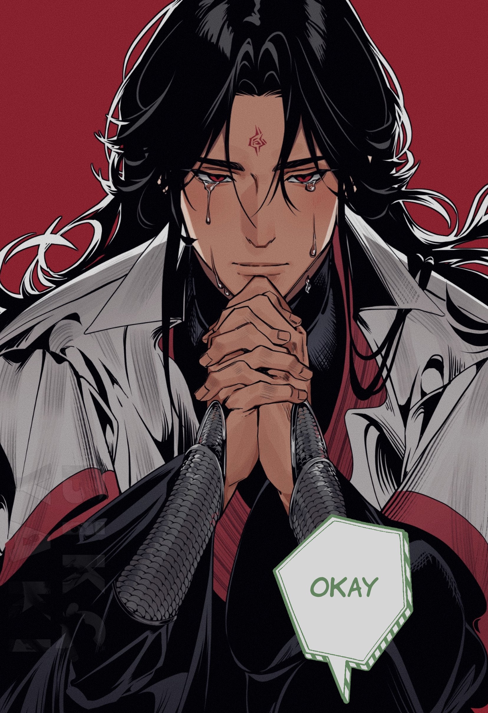 luo binghe, shen qingqiu, zuiyin, renzha fanpai zijiu xitong, absurdres, commentary, highres, symbol-only commentary, 1boy, bikoyaki, bindi, black hair, black hanfu, blush, chinese clothes, closed mouth, collared robe, covering own mouth, crying, crying with eyes open, curly hair, curtained hair, half-closed eyes, hands on own chin, hanfu, holding, hunched over, interlocked fingers, long hair, long sleeves, looking at viewer, male focus, multiple boys, multiple expressions, multiple views, out of frame, outline, own hands together, pants, parted bangs, red background, red eyes, robe, sidelocks, simple background, speech bubble, straight-on, tears, thick eyebrows, upper body, v-shaped eyebrows, vambraces, white outline, white robe