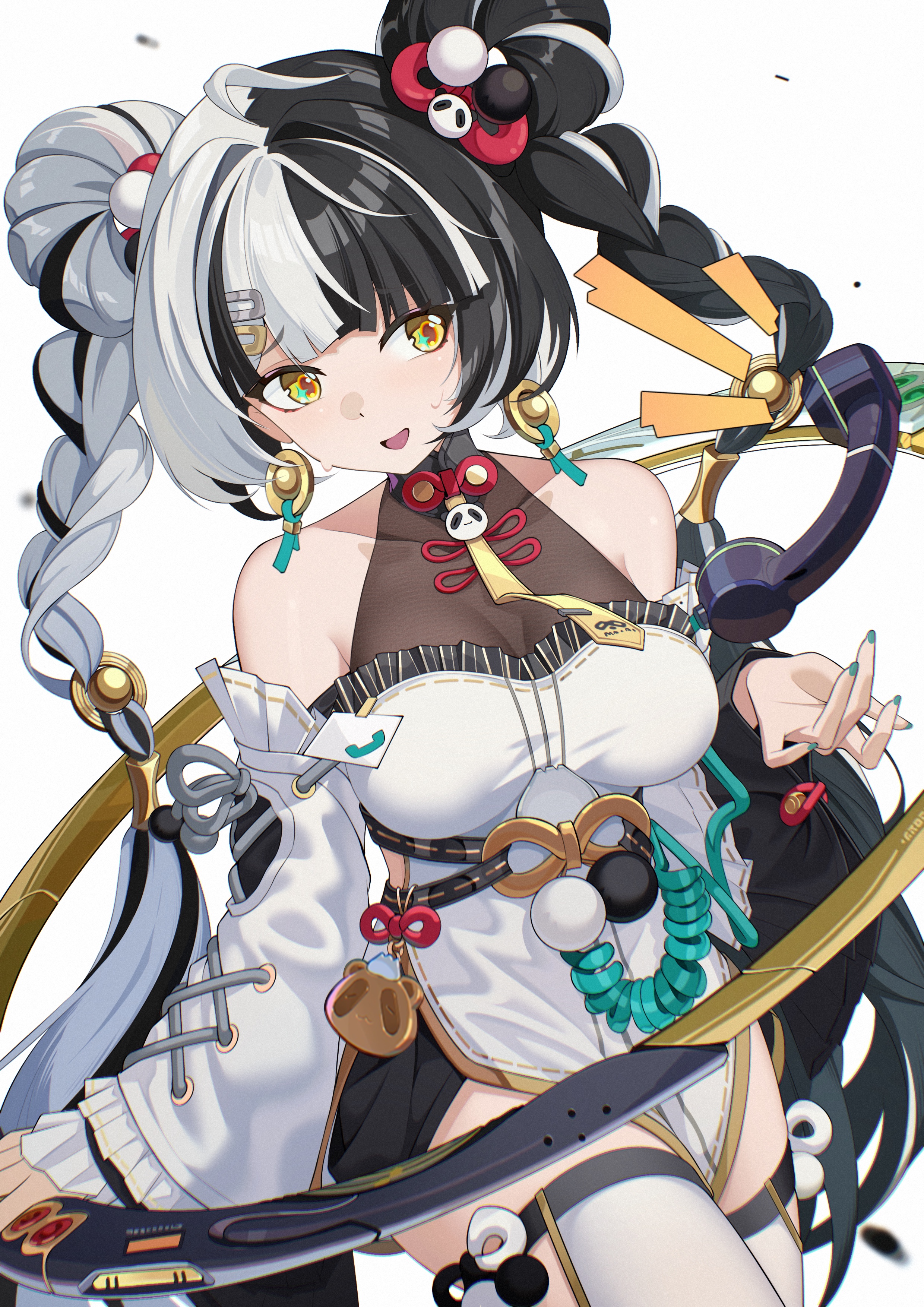 muzhucunmuzhucun, dialyn (zenless zone zero), zenless zone zero, absurdres, chinese commentary, commentary request, highres, 1girl, aqua nails, bare shoulders, black hair, black shorts, braid, breasts, corded phone, cowboy shot, detached sleeves, dress, earrings, fingernails, jewelry, large breasts, long hair, multicolored hair, nail polish, nervous smile, open mouth, phone, short shorts, shorts, simple background, smile, solo, sweatdrop, thighs, twin braids, two-tone hair, white background, white dress, white hair, yellow eyes