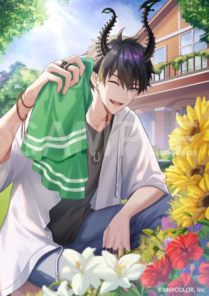 kawausoman, ren zotto, nijisanji, nijisanji en, white lily, commentary request, official art, 1boy, ;d, asymmetrical horns, black hair, black horns, black shirt, blue eyes, blue flower, blue pants, bracelet, brick wall, building, cloud, copyright notice, day, denim, drawstring, earrings, fangs, feet out of frame, flower, hair between eyes, hand up, hibiscus, holding, holding towel, horns, jacket, jeans, jewelry, lily (flower), looking at viewer, male focus, multiple bracelets, multiple rings, on one knee, one eye closed, open clothes, open jacket, open mouth, outdoors, pants, pointy ears, purple flower, red flower, ring, sample watermark, shirt, short hair, smile, solo, stud earrings, sun, sunflower, sunlight, three-quarter sleeves, towel, tree, uneven horns, virtual youtuber, watermark, white flower, white jacket, yellow flower