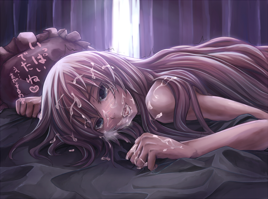 arkas, megurine luka, vocaloid, translated, 1girl, aftersex, ahegao, aqua eyes, blush, cum, cum in mouth, cum on body, cum on hair, cum on upper body, facial, female focus, fucked silly, long hair, lying, on stomach, pillow, pink hair, smile, solo