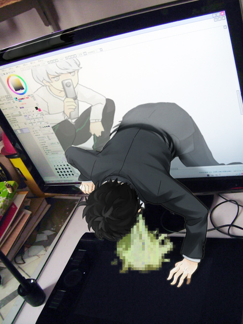 sunday31, adachi tooru, narukami yu, atlus, painttool sai, persona, persona 4, wacom, photo (medium), 2boys, cabbage, camera phone, cellphone, censored, computer, drawing tablet, fake censor, male focus, monitor, multiple boys, phone, photo background, through medium, through screen, vomit