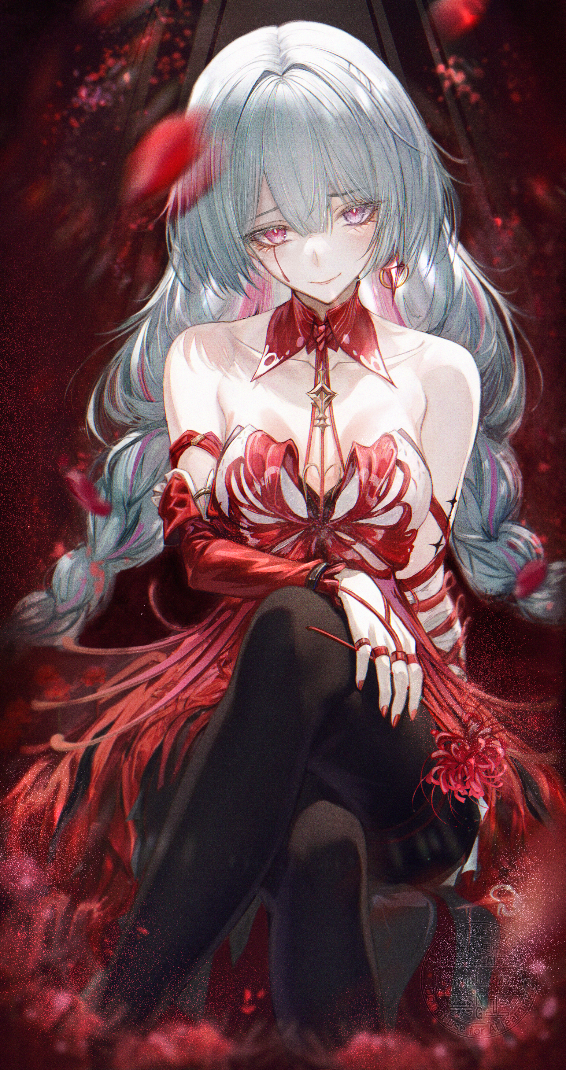 renoahh, phrolova (wuthering waves), wuthering waves, absurdres, commentary, english commentary, highres, 1girl, bandage over one eye, bandaged arm, bandages, bare shoulders, black pantyhose, blood, bloody tears, blurry, blurry foreground, braid, breasts, closed mouth, collarbone, crossed legs, detached sleeves, dress, earrings, feet out of frame, fingernails, flower, grey hair, halter dress, halterneck, holding, holding flower, jewelry, looking at viewer, low twin braids, medium breasts, nail polish, pantyhose, red dress, red flower, red nails, red petals, single detached sleeve, sitting, smile, solo, spider lily, tacet mark (wuthering waves), twin braids