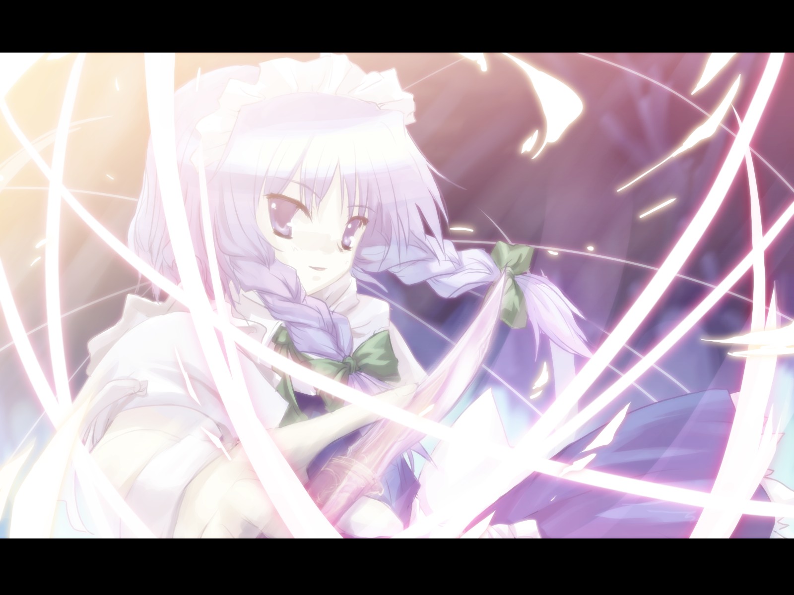 tokiame, izayoi sakuya, touhou, silver hair, highres, 1girl, blue skirt, bow, braid, close-up, female focus, gradient background, green bow, grey eyes, hair bow, knife, letterboxed, long sleeves, looking at viewer, maid, maid headdress, purple eyes, purple hair, short hair, skirt, slashing, smile, solo, throwing knife, tsurime, twin braids, weapon