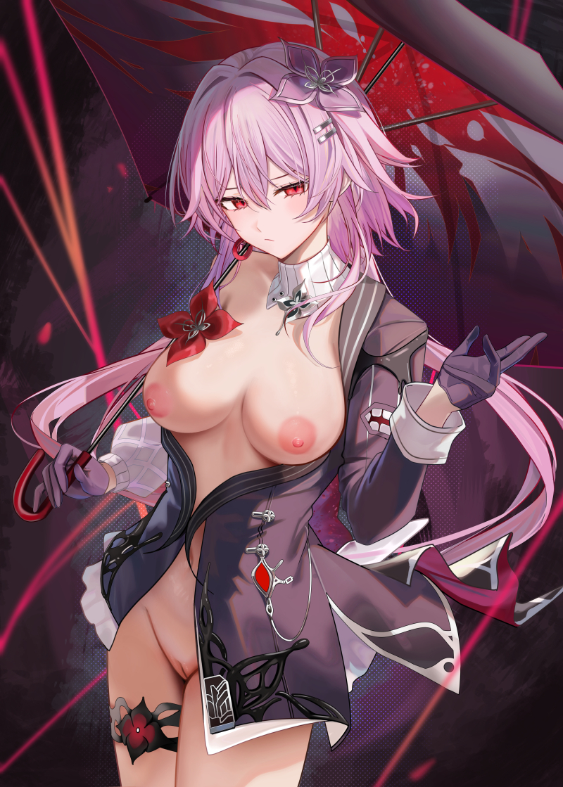 ru zhai, evernight (honkai: star rail), march 7th (honkai: star rail), honkai: star rail, honkai (series), chinese commentary, commentary request, paid reward available, partial commentary, 1girl, black dress, black gloves, black umbrella, breasts, breasts out, cleft of venus, closed mouth, cowboy shot, dress, earrings, flower, gloves, hair between eyes, hair flower, hair ornament, hairclip, holding, holding umbrella, jewelry, long hair, long sleeves, medium breasts, navel, nipples, parallel hairclips, pink hair, purple flower, pussy, red eyes, shirt, single bare shoulder, solo, thighlet, thighs, umbrella, uncensored, very long hair, white shirt