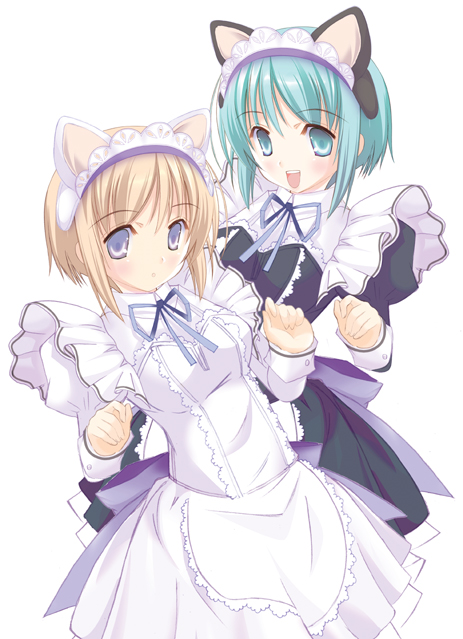 mitsuki okazaki, okazaki mitsuki, original, 2girls, animal ears, aqua eyes, aqua hair, blonde hair, blue eyes, cat ears, maid, multiple girls, short hair, simple background