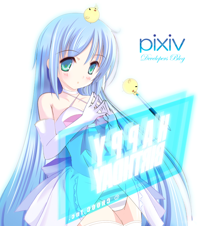 mitsuki okazaki, okazaki mitsuki, pixiv-tan, 1girl, aqua eyes, blue hair, blush, elbow gloves, female focus, gloves, long hair, panties, solo, stylus, thighhighs, underwear