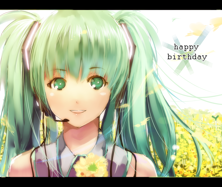 nauribon, hatsune miku, vocaloid, bad id, bad pixiv id, flower, green eyes, green hair, headset, letterboxed, petals, smile, solo, spring onion, twintails