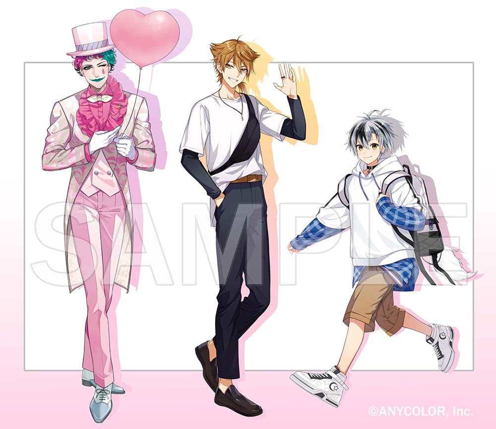 meij (meij00), fushimi gaku, joe rikiichi, suzuki masaru, nijisanji, commentary request, official art, 3boys, ;), ahoge, antenna hair, backpack, bag, balloon, belt, belt buckle, black choker, black hair, black pants, black shirt, black shoes, blue shirt, border, bow, bowing, bowtie, brown belt, brown hair, brown shorts, buckle, choker, closed mouth, coat, collarbone, collared shirt, copyright notice, crew neck, cross-laced shoes, dress shoes, drop shadow, fanny pack, formal clothes, frilled jacket, frills, full body, gloves, gradient border, gradient clothes, gradient coat, green eyes, green hair, green lips, grey hair, grin, hair between eyes, hair flaps, hand in pocket, hand on own chest, hat, heart balloon, holding, holding balloon, hood, hood down, hoodie, jacket, jewelry, layered sleeves, lineup, loafers, long sleeves, looking at viewer, low ponytail, male focus, medium hair, multicolored hair, multiple boys, necklace, one eye closed, outside border, pants, pendant choker, pink border, pink coat, pink hair, pink hat, pink pants, pink shirt, pink suit, pink vest, plaid clothes, plaid shirt, ponytail, print coat, purple hair, ring, running, sample watermark, shirt, shirt partially tucked in, shoes, short bangs, short hair, short over long sleeves, short sleeves, shorts, simple background, smile, sneakers, standing, streaked hair, suit, teardrop facial mark, top hat, untucked shirt, vest, virtual youtuber, watermark, waving, white background, white border, white bow, white bowtie, white coat, white gloves, white hoodie, white shoes, yellow eyes