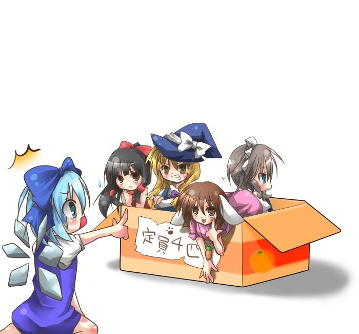 kuro koke, kurokoke, cirno, hakurei reimu, inaba tewi, izayoi sakuya, kirisame marisa, touhou, bad id, bad pixiv id, check translation, translated, translation request, 5girls, animal ears, black hair, blonde hair, blue eyes, blue hair, box, brown eyes, brown hair, cardboard box, carrot, for adoption, hat, in box, in container, mini person, minigirl, multiple girls, paw print, rabbit ears
