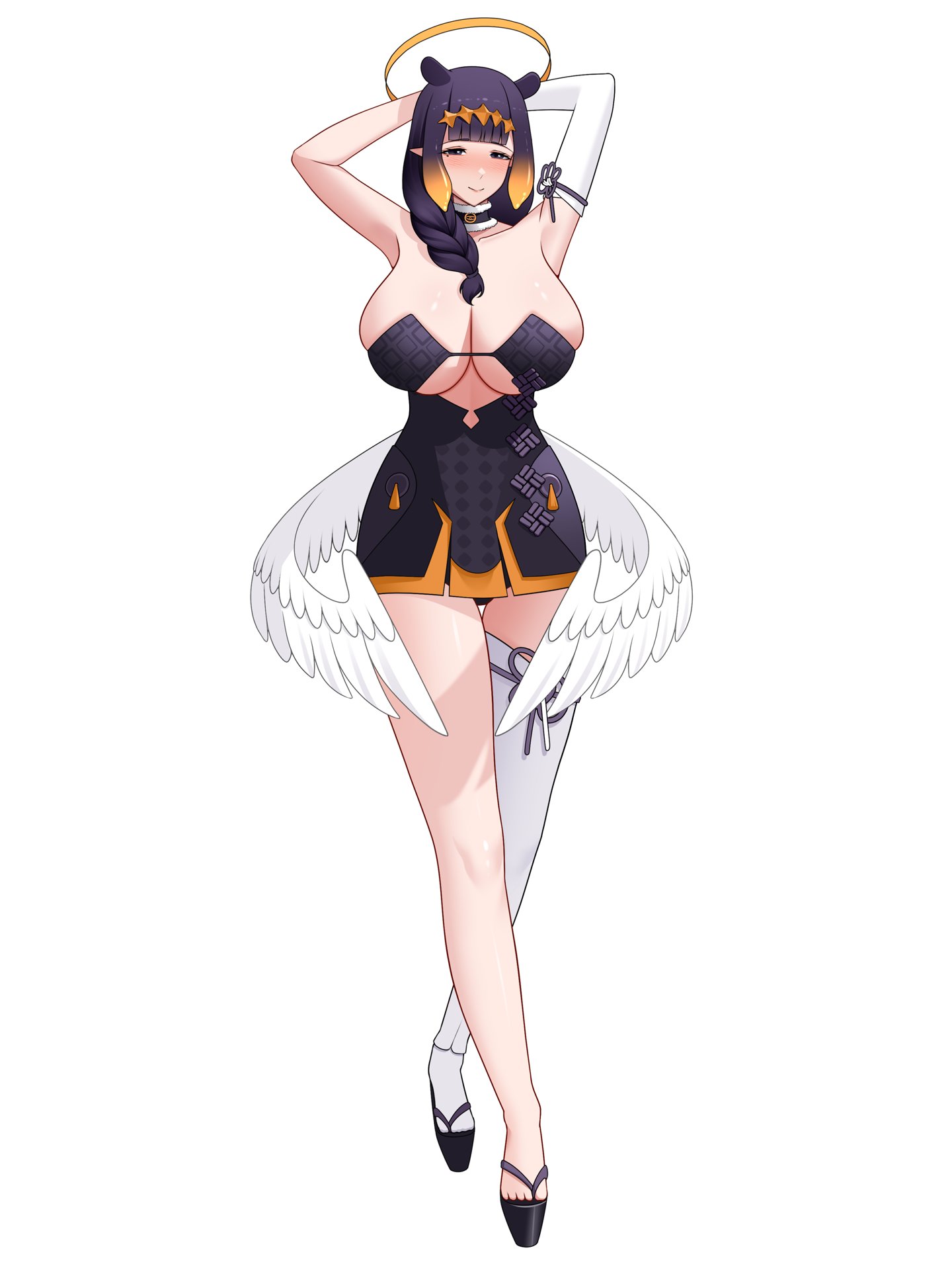 drey525, ninomae ina'nis, hololive, hololive english, commentary, english commentary, highres, 1girl, alternate breast size (larger), animal ears, arms behind head, black choker, black dress, black sandals, blunt bangs, blush, braid, breasts, choker, closed mouth, crossed legs, dress, feathered wings, full body, fur-trimmed choker, fur trim, gloves, gradient hair, half-closed eyes, halo, huge breasts, long hair, looking at viewer, mole, mole under eye, multicolored hair, orange hair, orange halo, platform sandals, pointy ears, purple eyes, purple hair, sandals, short dress, sidelocks, simple background, single bare leg, single glove, single thighhigh, sleeveless, sleeveless dress, smile, solo, strapless, strapless dress, tentacle hair, thighhighs, virtual youtuber, white background, white gloves, white thighhighs, wings
