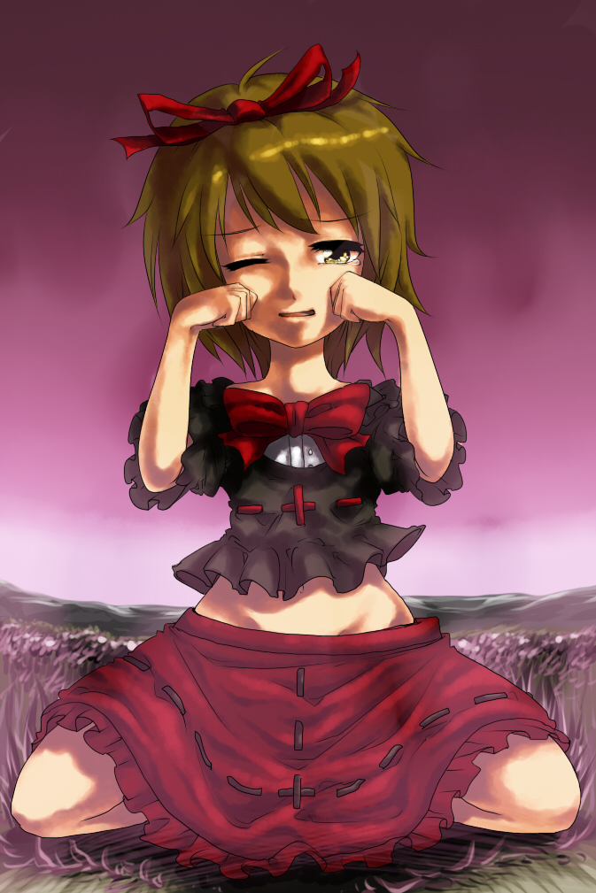 harusame (unmei no ikasumi), lunasa prismriver, medicine melancholy, touhou, 1girl, blonde hair, cosplay, female focus, field, groin, hair ribbon, kneeling, medicine melancholy (cosplay), ribbon, solo, tears, yellow eyes