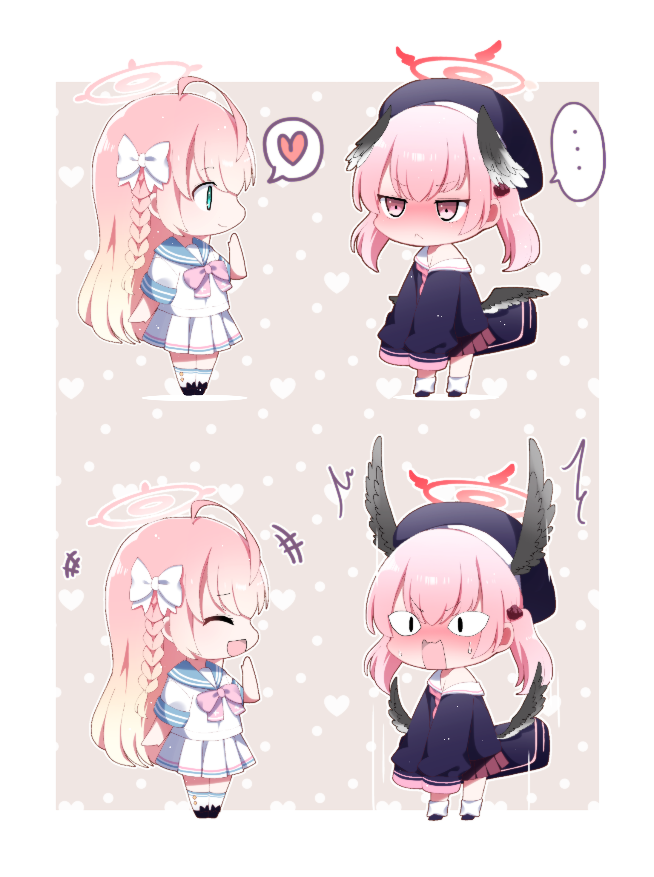 you (noanoamoemoe), hanako (blue archive), koharu (blue archive), blue archive, absurdres, commentary, highres, <|> <|>, …, 1boy, :d, ^ ^, ahoge, black hat, black shoes, black wings, blonde hair, blue sailor collar, blush, border, braid, brown background, chibi, chibi only, closed eyes, closed mouth, full body, gradient hair, halo, hand up, hat, head wings, heart, long hair, multicolored hair, multiple views, nose blush, open mouth, outside border, pink hair, pink halo, pleated skirt, polka dot, polka dot background, red halo, red skirt, sailor collar, school uniform, serafuku, shirt, shoes, short sleeves, skirt, smile, socks, spoken ellipsis, spoken heart, standing, twintails, white border, white shirt, white skirt, white socks, wings