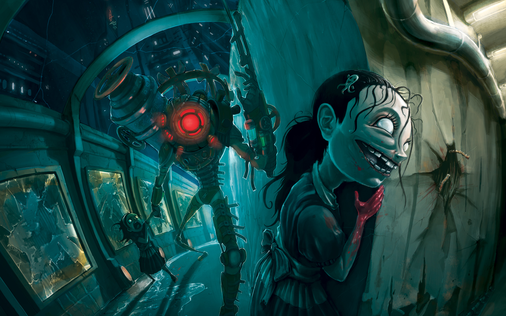 jhonen vasquez, little sister, bioshock (series), big sister, highres, barefoot, belt, blood, broken glass, creepy, diving helmet, diving suit, empty eyes, glass, helmet, smile, teeth, underwater