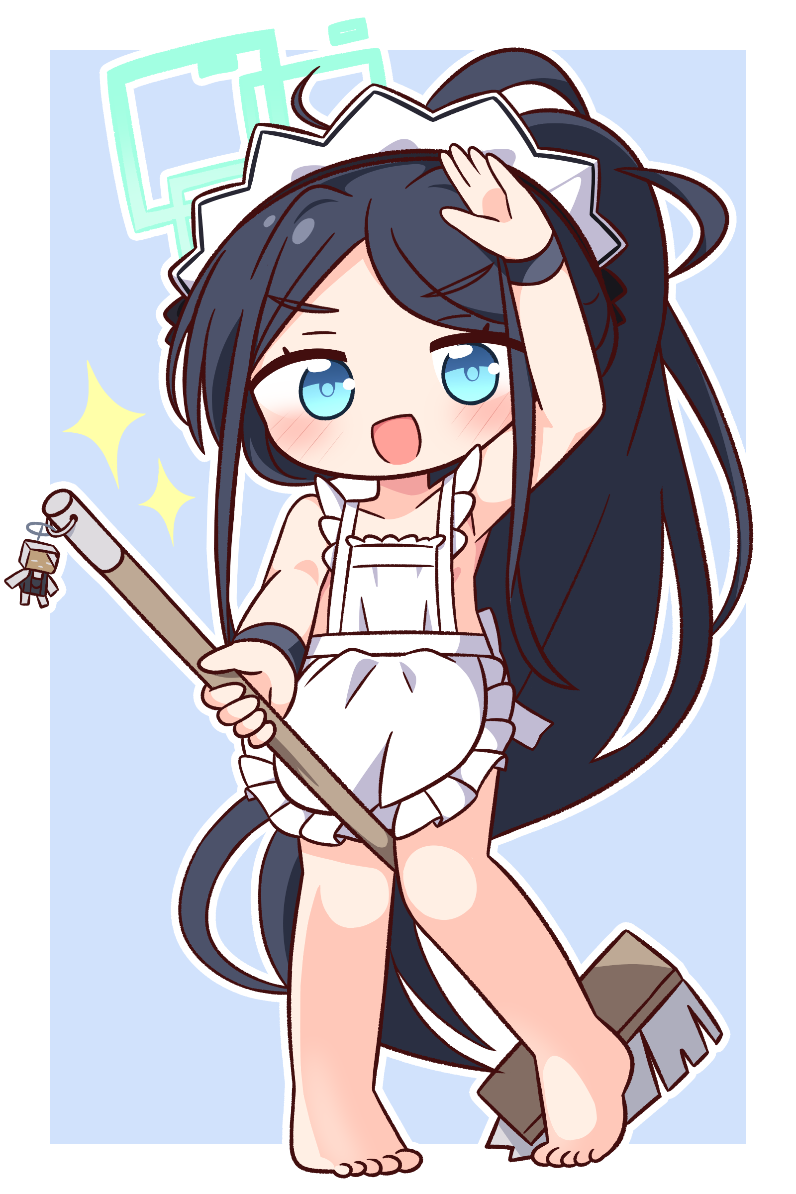 hana kazari, aris (blue archive), aris (maid) (blue archive), blue archive, absurdres, commentary request, highres, revision, 1girl, :d, ahoge, apron, arm up, barefoot, black hair, blue background, blue eyes, blush, border, broom, collarbone, full body, green halo, halo, holding, holding broom, long hair, looking at viewer, maid headdress, naked apron, open mouth, outline, outside border, parted bangs, rectangular halo, simple background, smile, solo, sparkle, standing, v-shaped eyebrows, very long hair, white apron, white border, white outline