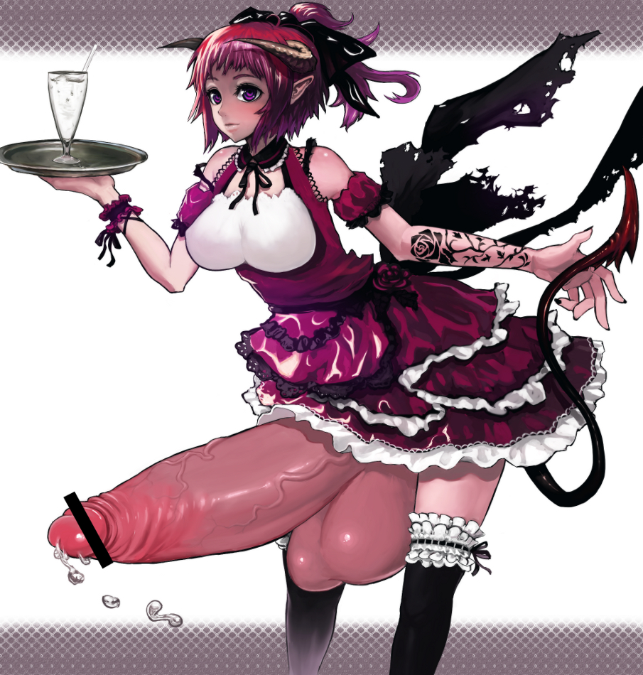 chikokuma, censored, demon girl, demon tail, flower, futanari, glass, hair ribbon, horns, huge penis, multicolored hair, no panties, penis, pointy ears, ponytail, precum, purple eyes, purple hair, red hair, ribbon, rose, skirt, tail, tattoo, testicles, thighhighs, veins, waitress, wings