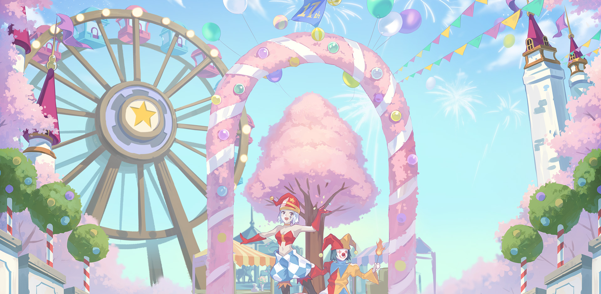 nexon, tales weaver, artist request, highres, official art, second-party source, amusement park, arch, arched window, argyle clothes, argyle shorts, asymmetrical sleeves, atmospheric perspective, baggy shorts, balloon, black thighhighs, blue hair, blue pants, blue sky, breasts, building, bush, carousel, cherry blossoms, clown, clown mask, clown nose, confetti, contrast collar, day, ferris wheel, fireworks, flag, floral arch, flower, gloves, gold choker, hat, helga (tales weaver), jester, jester cap, jester costume, juliet sleeves, long sleeves, mark under eye, market stall, mask, medium breasts, midriff, mismatched sleeves, muntins, navel, pants, pennant, pink flower, plant, potted plant, print hat, puffy sleeves, red gloves, red hat, red nose, red sleeves, red tube top, short hair, sky, spire, star (symbol), star print, steeple, strapless, thighhighs, tower, tree, tube top, two-tone hat, two-tone shirt, white hair, white pants, wide sleeves, window, yellow sleeves