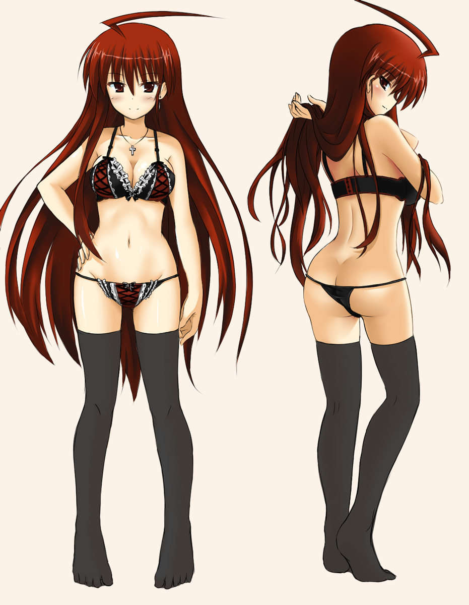 okitakung, okine (okitakung), original, highres, 1girl, ahoge, ass, black thighhighs, blush, bra, breasts, brown eyes, brown hair, butt crack, cleavage, cross, cross necklace, feet, from behind, hand on own hip, huge ahoge, jewelry, large breasts, lingerie, long hair, looking at viewer, multiple views, navel, necklace, panties, red eyes, red hair, reference sheet, smile, thighhighs, thong, turnaround, underwear, underwear only, very long hair