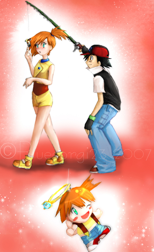bluecorgi23, ash ketchum, misty (pokemon), nintendo, pokemon, pokemon (anime), fishing rod, jewelry, marriage proposal, orange hair, ring, wedding ring