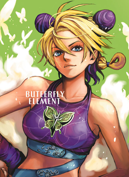 mahito (tranjistor), kuujou jolyne, jojo no kimyou na bouken, stone ocean, 1girl, bare shoulders, blonde hair, blue eyes, bug, butterfly, double bun, female focus, hair bun, insect, multicolored hair, purple hair, solo