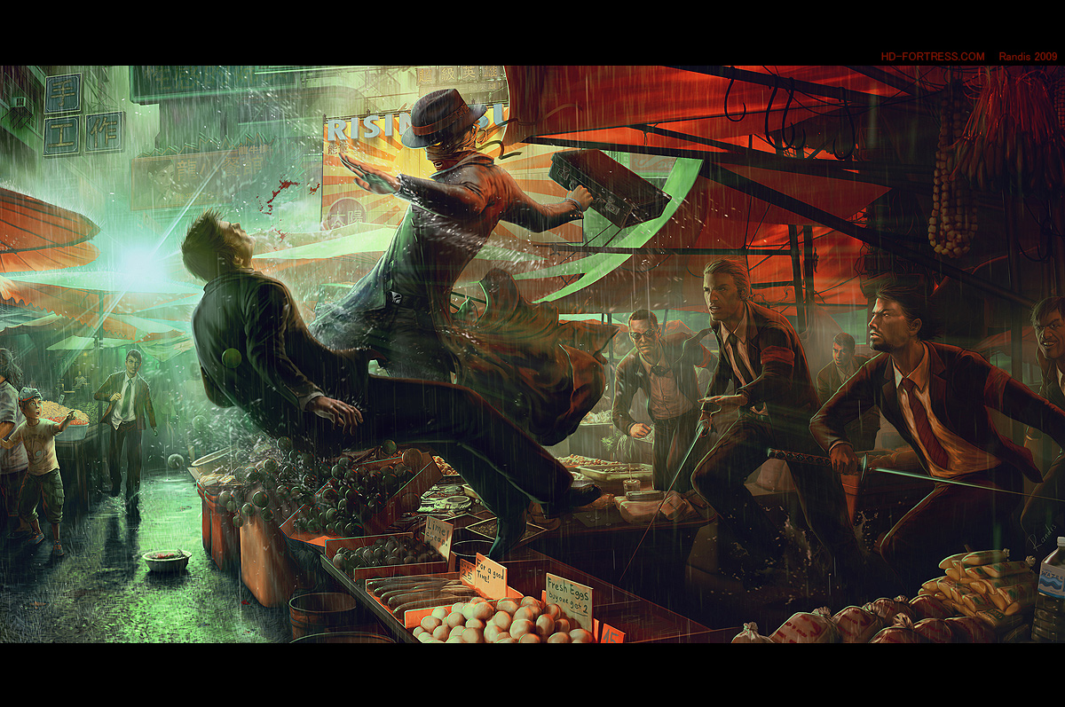 randis, original, 6+boys, action, armband, bandages, blood, child, city, coat, formal clothes, glowing, glowing eyes, hat, katana, kicking, letterboxed, male focus, market, mask, multiple boys, necktie, rain, suit, suitcase, sword, watermark, weapon, yakuza