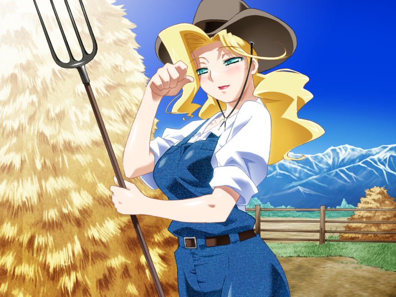 gan-chan (artist), sophie andrea yukitou, hitozuma sentai aisaiger, game cg, non-web source, official art, variant set, 1girl, aqua eyes, belt, blonde hair, blue eyes, blue overalls, blush, breasts, cowboy hat, cowboy western, day, fence, green eyes, hat, long hair, mountain, outdoors, overalls, polearm, ponytail, solo, trident, weapon, wooden fence