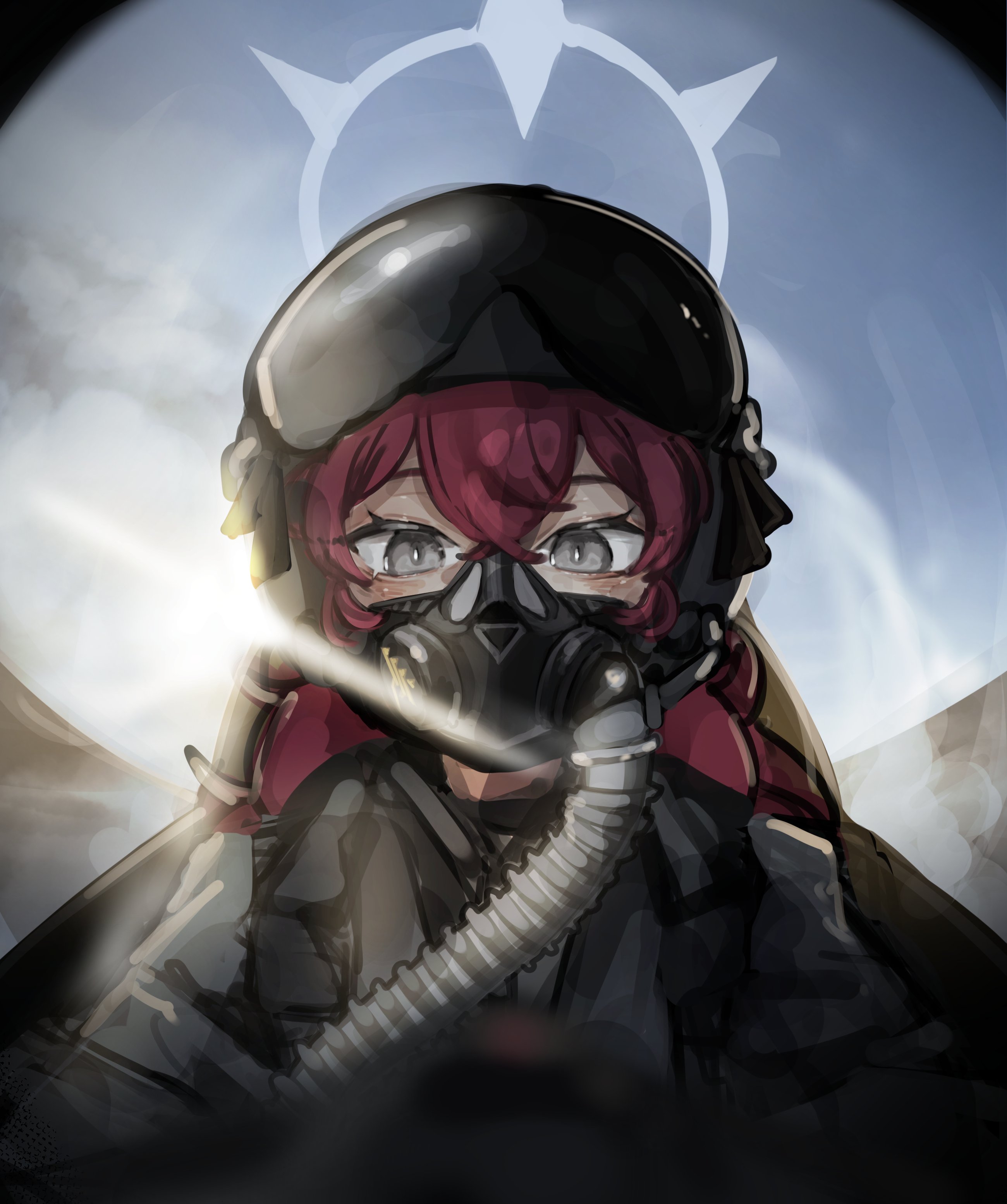 holong5020, iroha (blue archive), blue archive, absurdres, commentary request, highres, 1girl, aircraft, airplane, cloud, cockpit, flight suit, flying, hair between eyes, halo, helmet, jumpsuit, long hair, looking at viewer, oxygen mask, pilot, pilot helmet, portrait, red hair, solo