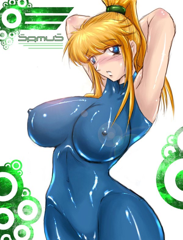 rhemora, samus aran, metroid, nintendo, tagme, blonde hair, blue eyes, breasts, covered erect nipples, curvy, huge breasts, large breasts, ponytail, skin tight, wide hips, zero suit