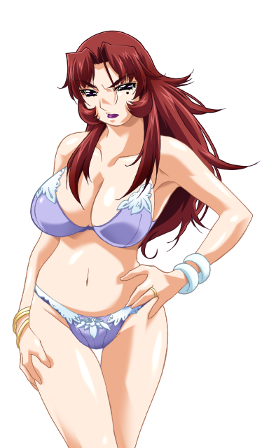 gan-chan (artist), hitozuma sentai aisaiger, game cg, large variant set, non-web source, official art, variant set, 1girl, akanejima ranga, armpits, bra, bracelet, breasts, cleavage, crossed legs, curvy, hand on own hip, hand on own thigh, jewelry, large breasts, lingerie, lipstick, long hair, looking at viewer, makeup, mature female, mole, mole under eye, navel, panties, purple bra, purple eyes, purple lips, purple panties, red hair, ring, shiny skin, solo, standing, swimsuit, thigh gap, transparent background, underwear, underwear only, wide hips