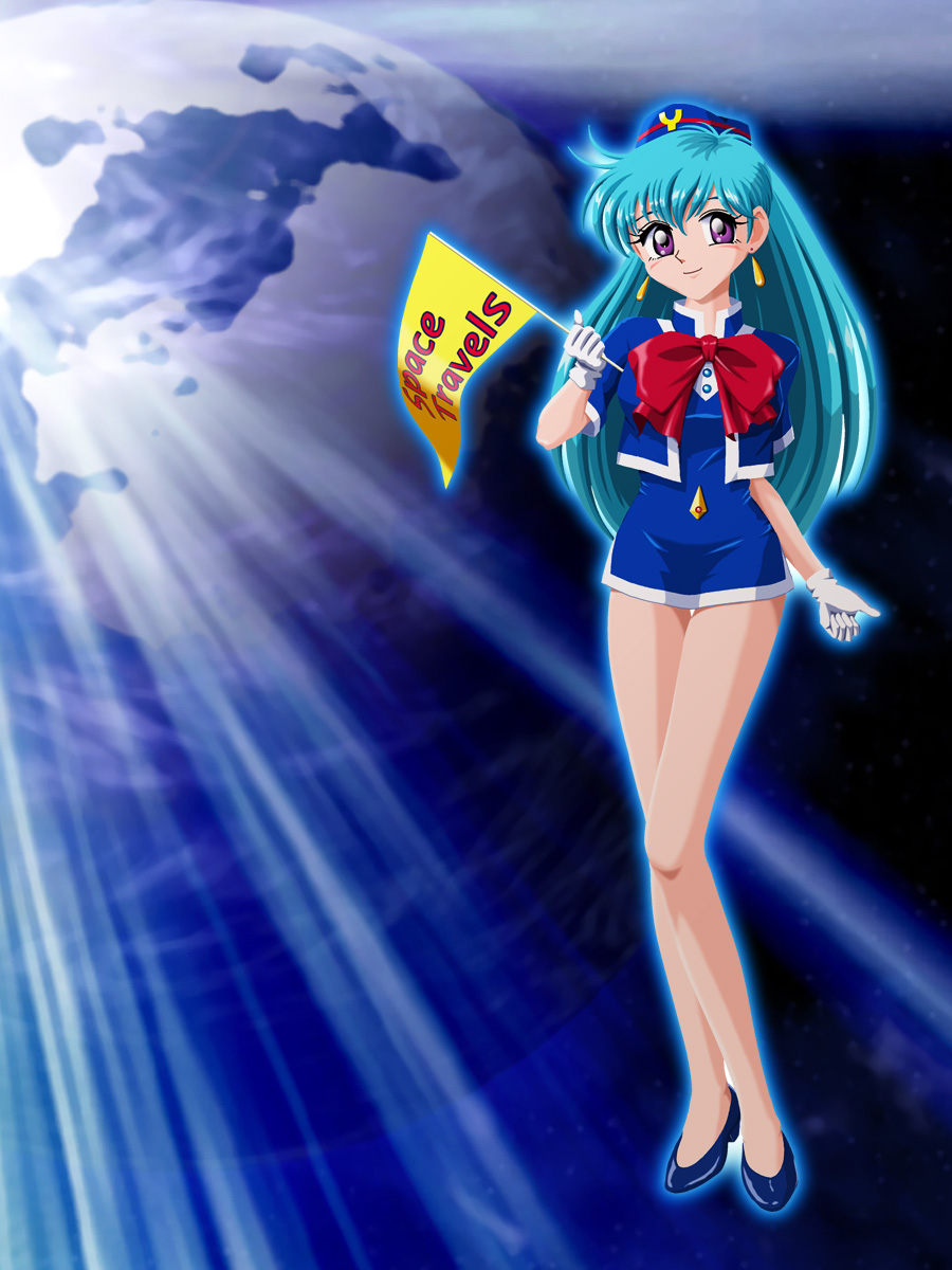 tenjouin katsura, yat anshin uchuu ryokou, highres, 1990s (style), 1girl, blue hair, dress, female focus, flight attendant, legs, long hair, miniskirt, retro artstyle, short dress, skirt, smile, solo, travel attendant