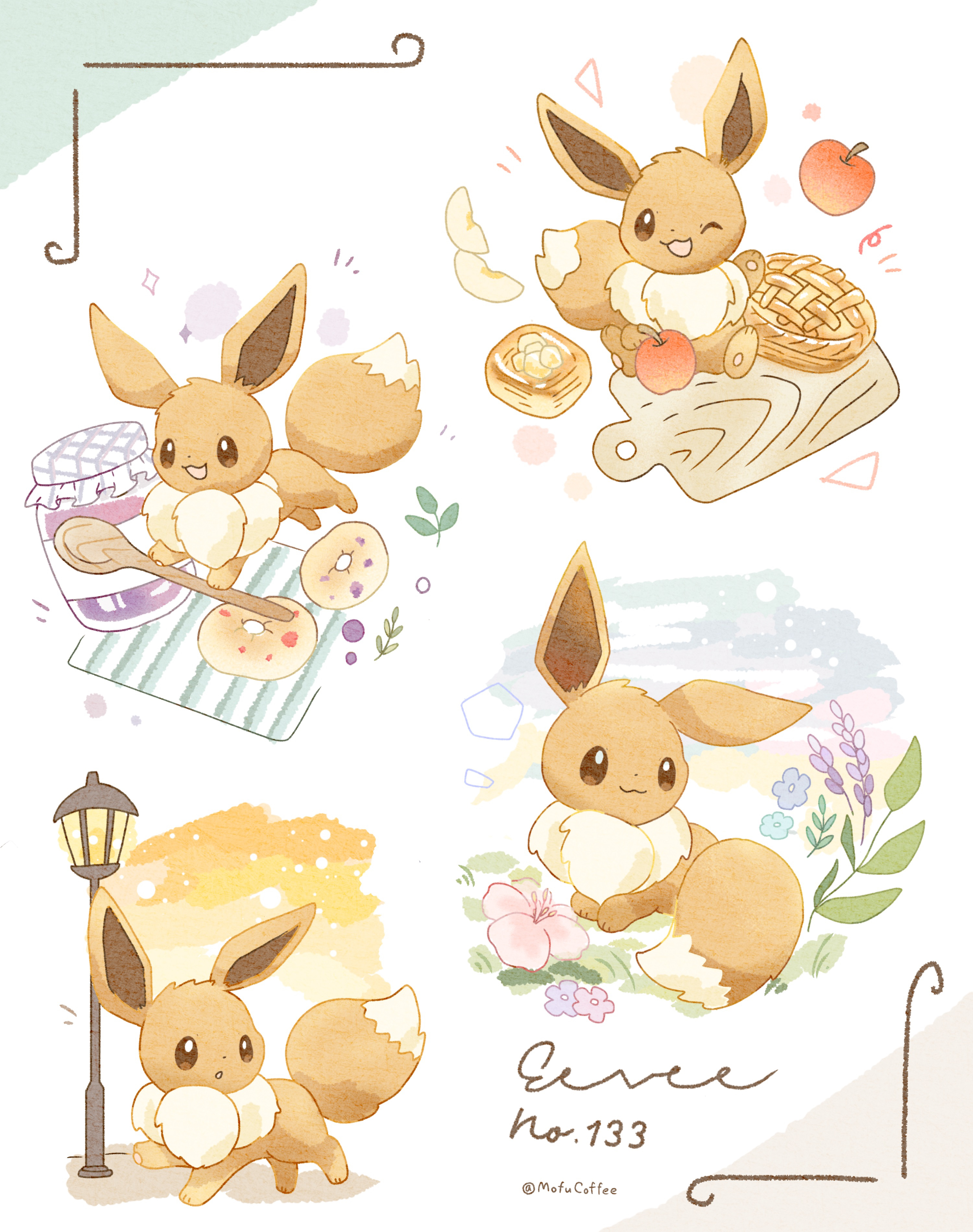 mofucoffee, eevee, nintendo, pokemon, absurdres, commentary request, highres, :3, :d, :o, ;3, ;d, apple, brown eyes, character name, closed mouth, cutting board, donut, flower, food, fruit, gen 1 pokemon, jar, lamppost, leaf, no humans, one eye closed, open mouth, pie, pink flower, pokedex number, pokemon (creature), pokemon focus, smile, spoon, twitter username