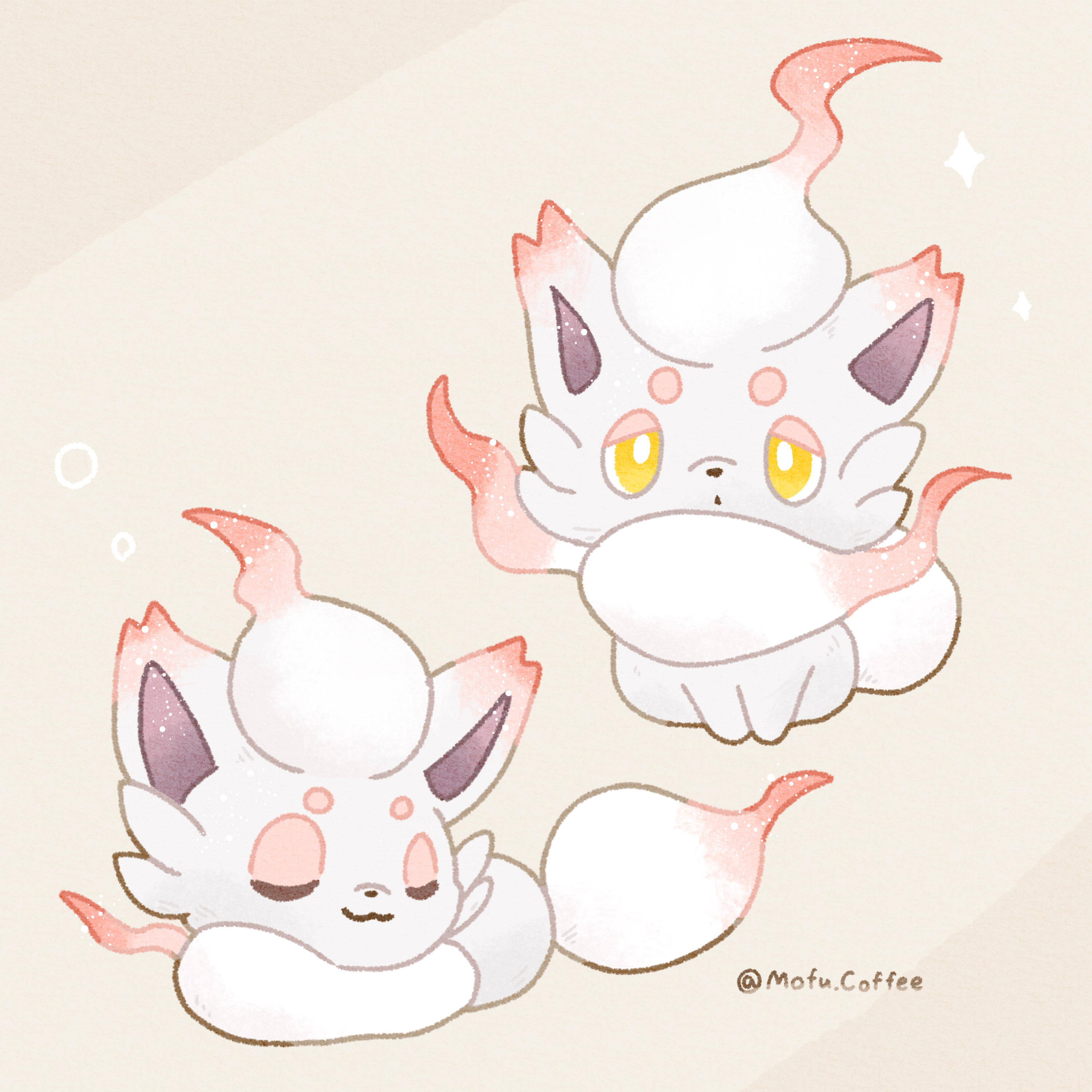 mofucoffee, hisuian zorua, nintendo, pokemon, absurdres, commentary request, highres, :3, bright pupils, closed eyes, grey background, no humans, pokemon (creature), pokemon focus, simple background, sparkle, triangle mouth, twitter username, white pupils, yellow eyes