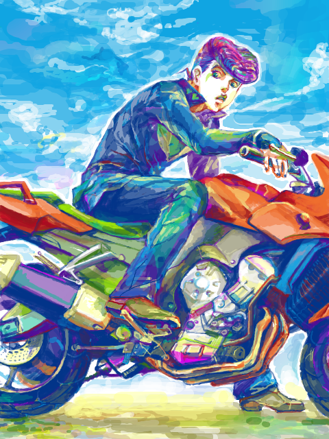 takaho, higashikata josuke, diamond is not crash, jojo no kimyou na bouken, vehicle, bad id, bad pixiv id, 1boy, blue eyes, blue sky, cloud, colorful, day, fingerless gloves, gakuran, gloves, heart, male focus, motor vehicle, motorcycle, multicolored hair, oekaki, pompadour, riding, school uniform, sky, solo
