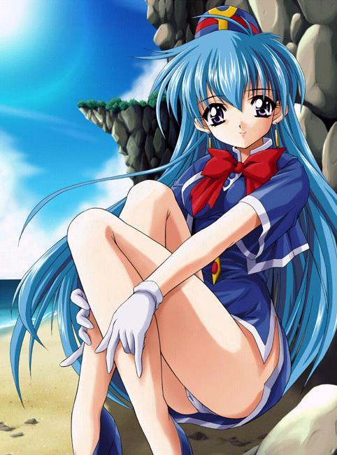 mitsuki mantarou, tenjouin katsura, yat anshin uchuu ryokou, uniform, jpeg artifacts, 1990s (style), beach, blue hair, day, dress, earrings, flight attendant, hat, jewelry, legs, long hair, miniskirt, panties, retro artstyle, short dress, sitting, skirt, smile, solo, travel attendant, underwear