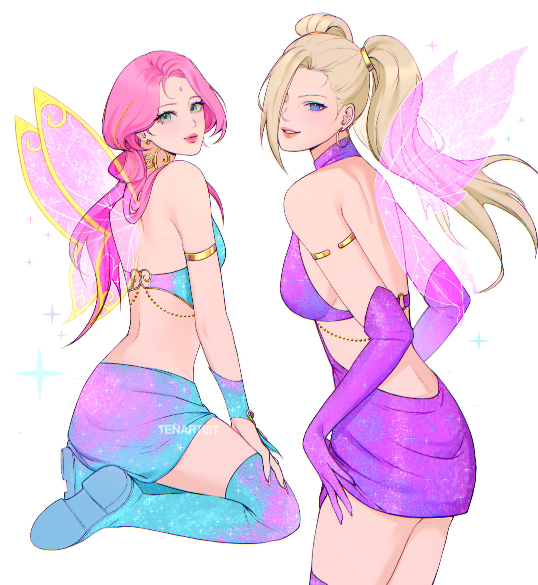 tenartistt, haruno sakura, yamanaka ino, naruto (series), naruto shippuuden, winx club, gold armlet, commentary, english commentary, highres, 2girls, alternate costume, alternate hairstyle, armlet, artist name, back, blonde hair, blue boots, blue bridal gauntlets, blue eyes, blue shirt, blue skirt, boots, bridal gauntlets, charmix, clothing cutout, cowboy shot, crop top, curtained hair, dress, earrings, elbow gloves, facial mark, fairy wings, fingernails, forehead mark, from side, full body, glitter, glitter dress, gloves, gold earrings, gold necklace, gold trim, green eyes, hair over one eye, hair rings, halter dress, halterneck, hand on own thigh, hoop earrings, jewelry, kneeling, light smile, long fingernails, long hair, looking at viewer, mini wings, multicolored boots, multiple girls, necklace, o-ring, o-ring top, parted lips, pink boots, pink bridal gauntlets, pink hair, pink lips, pink shirt, pink skirt, pink wings, purple dress, purple gloves, shirt, short dress, side cutout, single sidelock, skirt, sleeveless, sleeveless dress, sparkle background, teeth, thigh boots, transparent wings, twintails, two-tone boots, two-tone bridal gauntlets, two-tone shirt, two-tone skirt, white background, wings