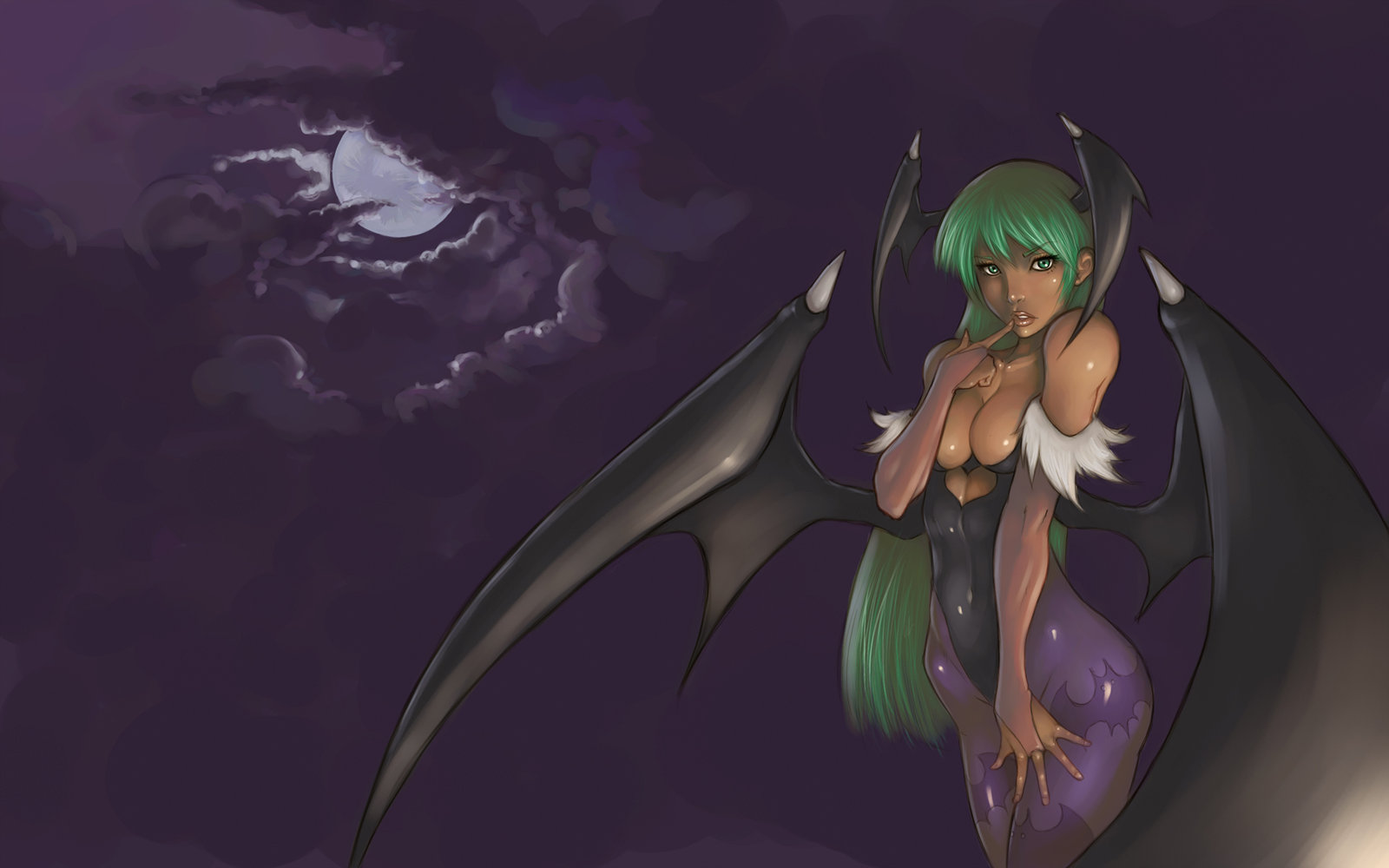 kamui12, morrigan aensland, capcom, darkstalkers, highres, 1girl, animal print, bare shoulders, bat print, bat wings, breasts, bridal gauntlets, cleavage, cloud, cloudy sky, demon girl, elbow gloves, female focus, finger to mouth, gloves, head wings, large breasts, moon, night, night sky, pantyhose, print pantyhose, sky, solo, wings