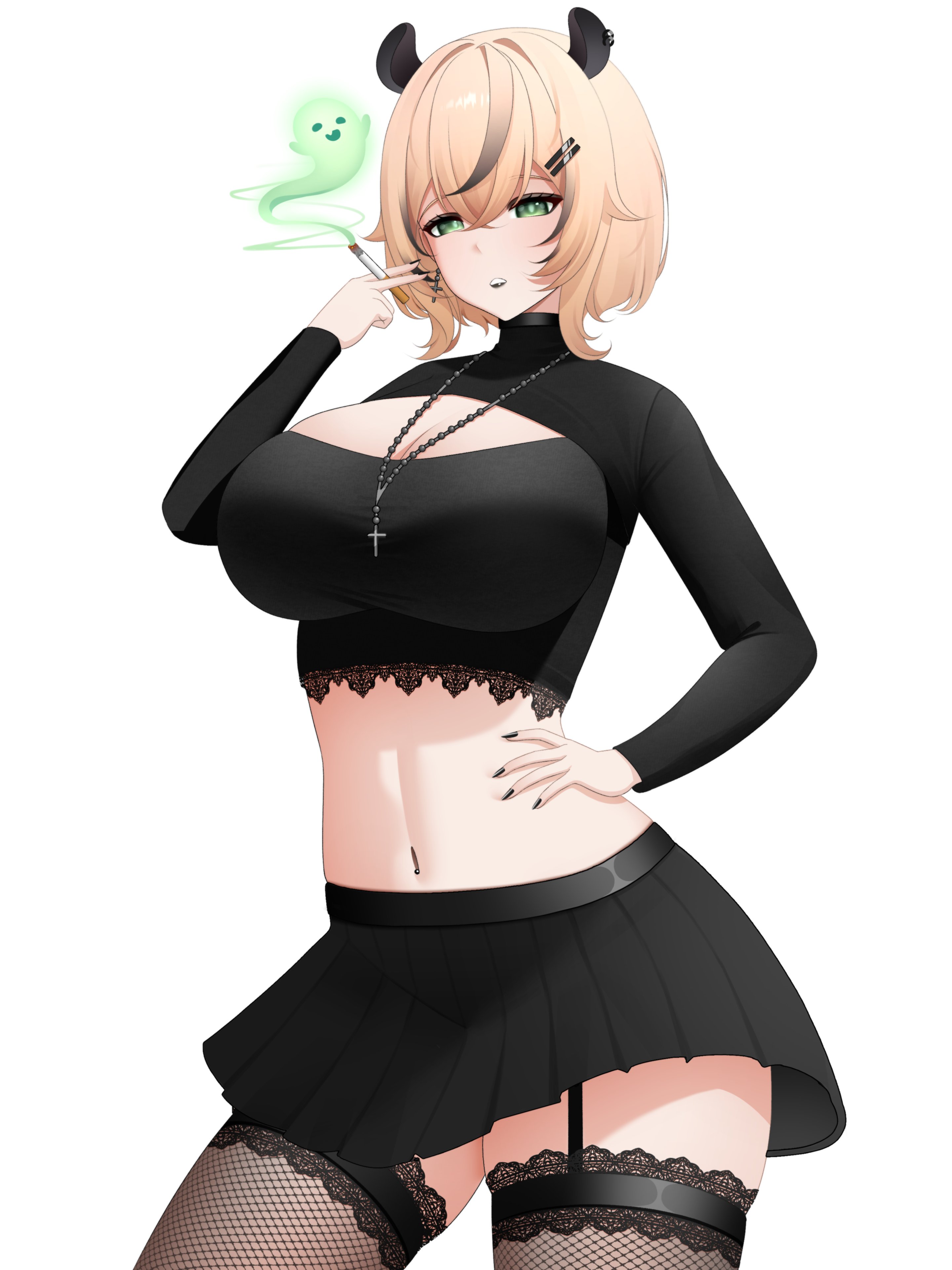 drey525, naplings (nimi nightmare), nimi nightmare, indie virtual youtuber, absurdres, commentary, english commentary, highres, 1girl, animal ears, black garter straps, black hair, black nails, black skirt, black thighhighs, blonde hair, breasts, cigarette, cleavage cutout, clothing cutout, cross, cross necklace, garter straps, goth fashion, gradient hair, green eyes, hair ornament, hairclip, hand on own hip, holding, holding cigarette, jewelry, large breasts, miniskirt, multicolored hair, navel, navel piercing, necklace, parallel hairclips, piercing, short hair, skindentation, skirt, solo, tapir ears, tapir girl, thighhighs, underwear, virtual youtuber, white background