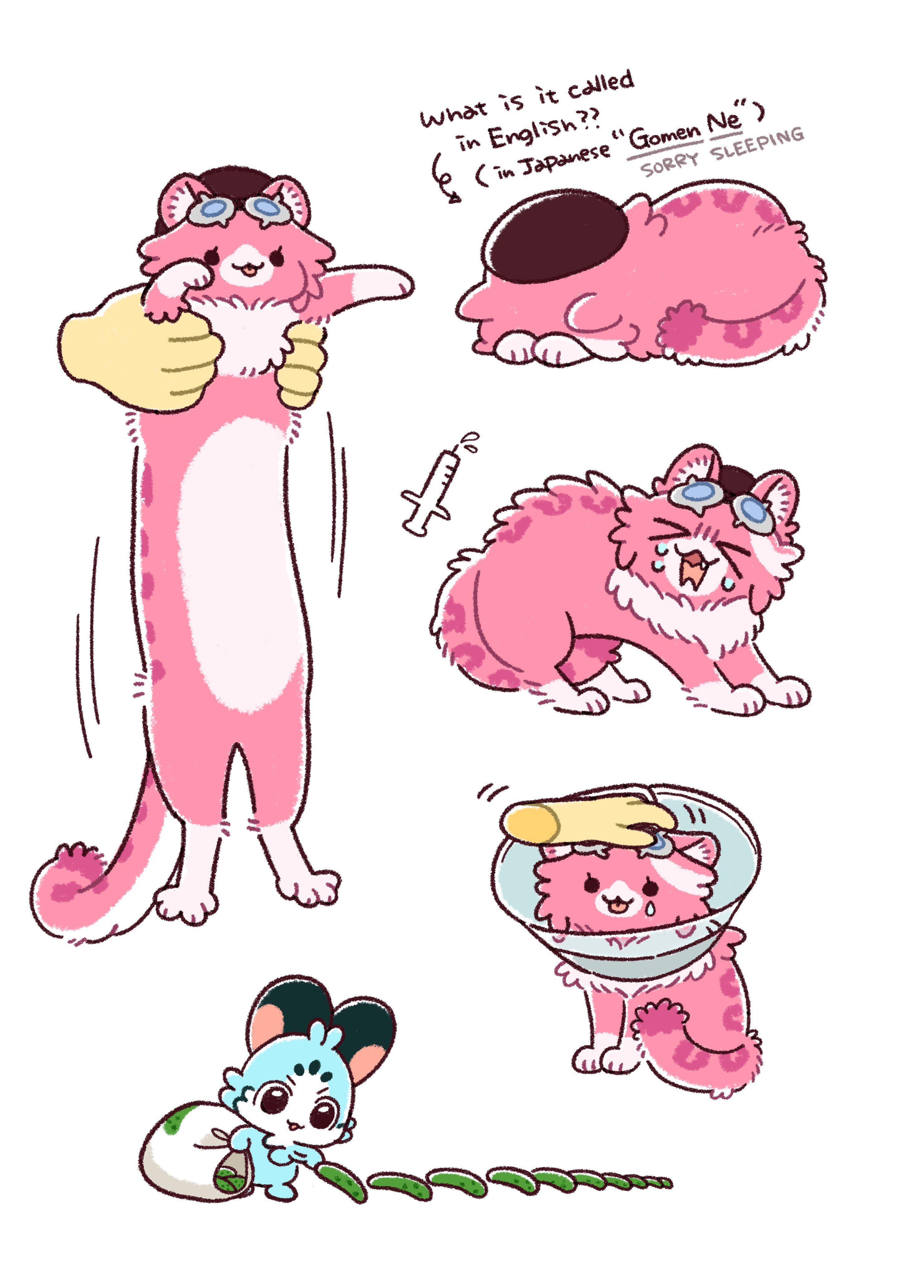 mochigome (h0 pj), chattino (raora panthera), raora panthera, hololive, hololive english, absurdres, commentary, english commentary, highres, > <, 1girl, :3, bag, beret, cat loaf, cucumber, goggles, hat, longcat (meme), meme, open mouth, pet cone, petting, raora panthera (panther), sleeping, smile, syringe, tears, tongue, tongue out